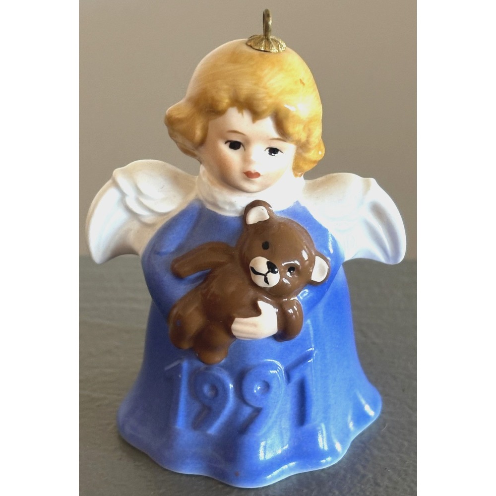 Vintage 1991 Goebel Angel Bell w Teddy Bear Christmas Tree Ornament Blue Dress